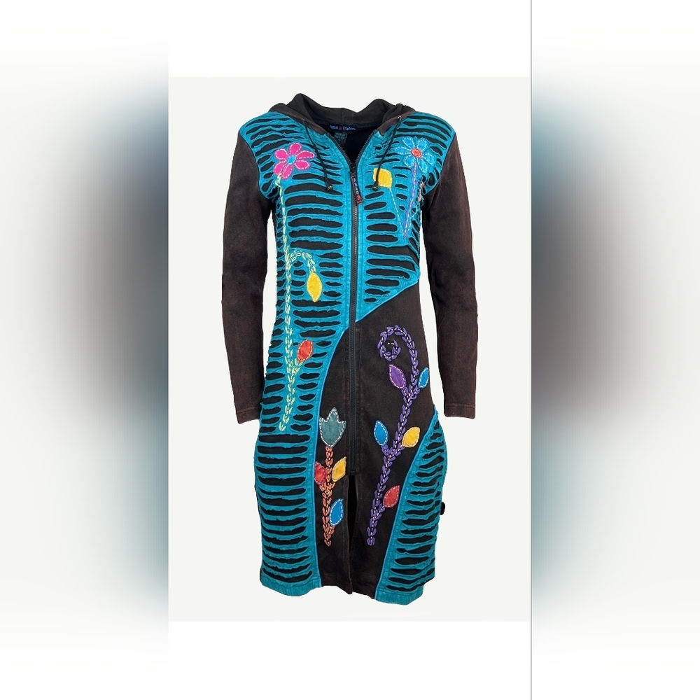 Bohemian Full Zip Dress Colorful Embroidered Midi #0018